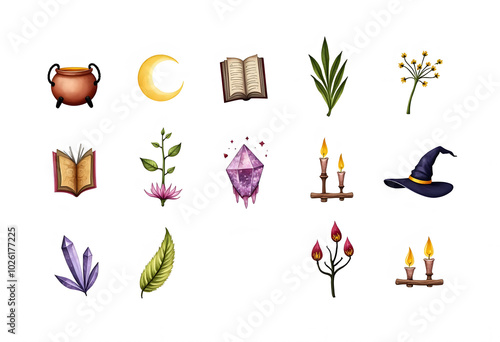 The set of attributes of the witch. The book of spells. Vector illustration. 