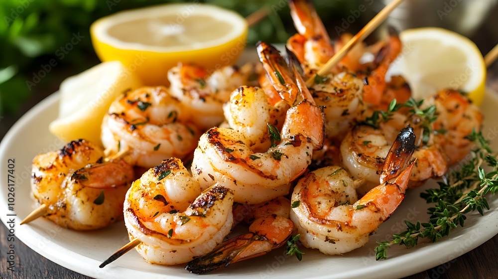 grilled shrimp on wooden skewers on a plate nacro horizontal grilled shrimp on wooden skewers on a plate nacro horizontal