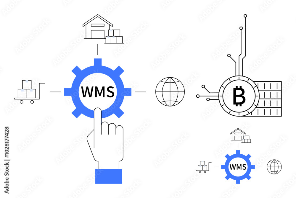 WMS at the center surrounded by icons depicting a warehouse, global logistics, blockchain, and inventory. Ideal for logistics, supply chain, inventory management, warehouse operations, technology WMS at the center surrounded by icons depicting a warehouse, global logistics, blockchain, and inventory. Ideal for logistics, supply chain, inventory management, warehouse operations, technology