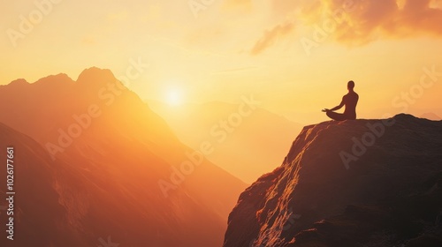 Man doing yoga on mountain, sunrise, minimal elements, clean background, copy space