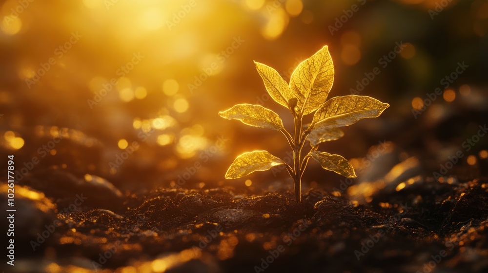 Plant sprout in golden morning light - Featuring a young plant sprout illuminated by the warm, golden light of morning, Plant sprout in golden morning light - Featuring a young plant sprout illuminated by the warm, golden light of morning,