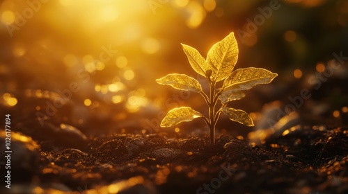 Plant sprout in golden morning light - Featuring a young plant sprout illuminated by the warm, golden light of morning, 