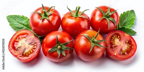 Whole and Halved Tomatoes on White Background - Fresh Produce Photography
