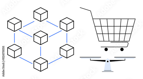 Shopping concept. A network of interconnected cubes representing blockchain technology is alongside a shopping cart balanced on a scale, symbolizing the equilibrium of commerce and technology. Ideal