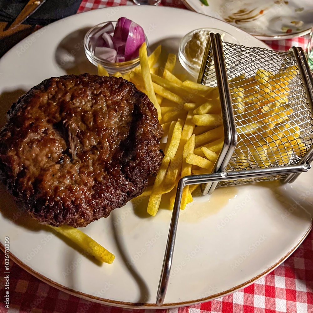 Cutlet and French fries in a basket next to purple onion and kajmak. Serbian cuisine