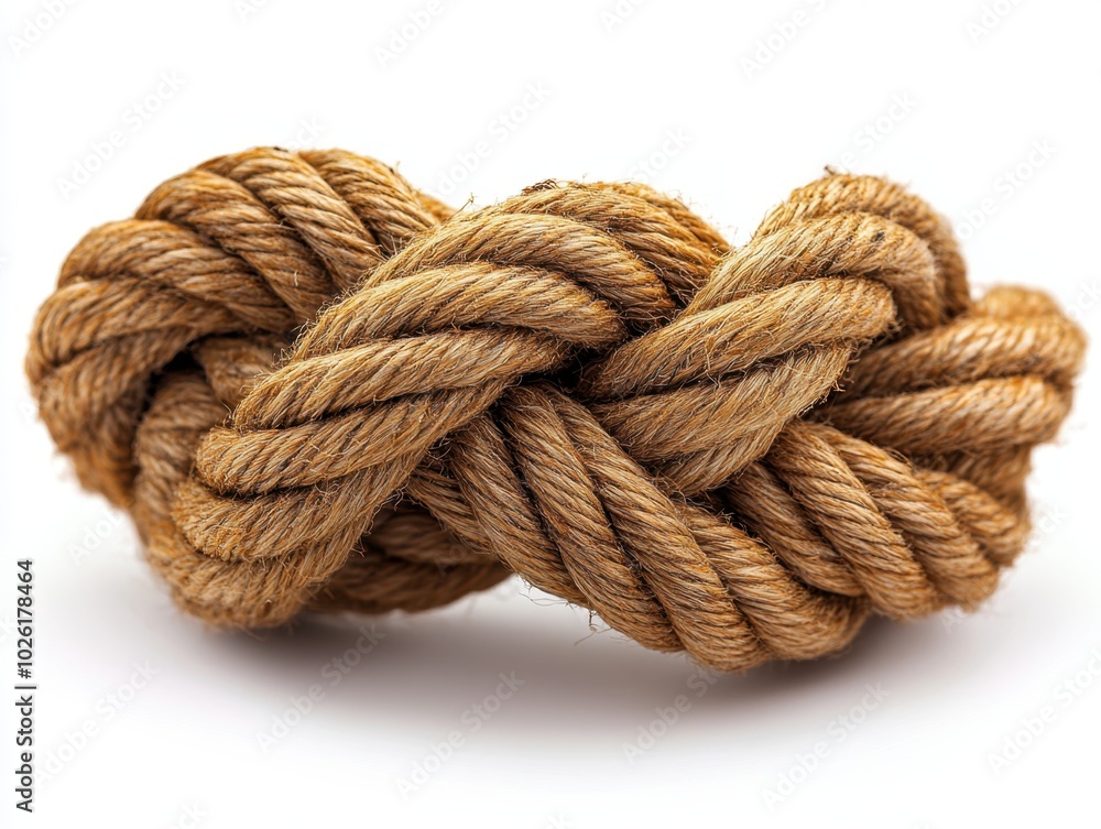 A sailor’s knot tied in thick rope isolated on white background. A sailor’s knot tied in thick rope isolated on white background.
