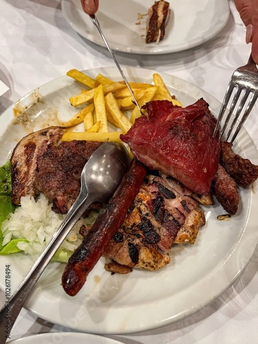 Sausage and several types of grilled meat served on a plate with French fries and salad