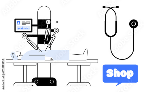 Robotic device performing surgery on a patient in an operating room. Nearby, a stethoscope and a speech bubble with the word shop. Ideal for healthcare technology innovation, medical equipment
