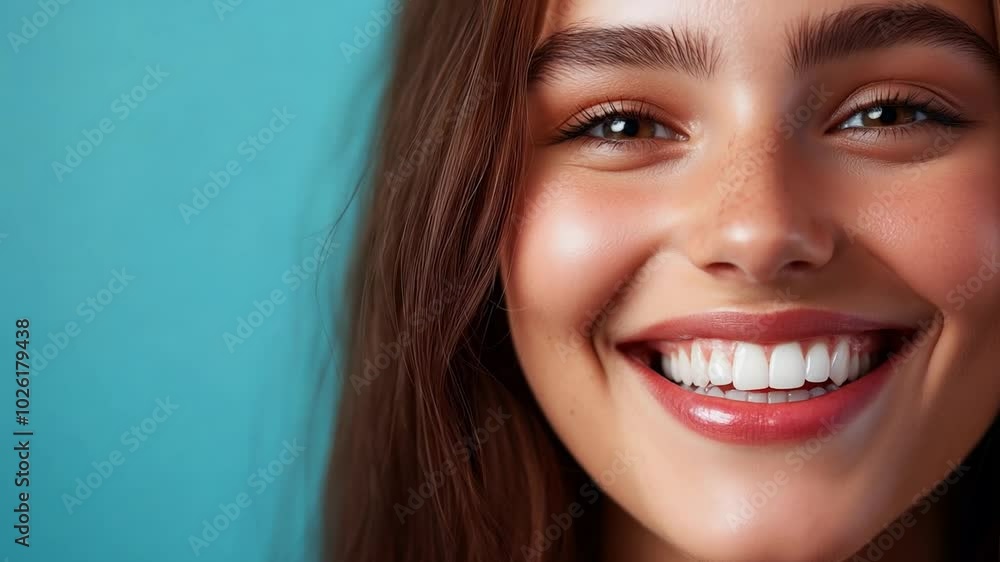 A cheerful young woman with brown hair beams with happiness, her bright smile contrasting beautifully with the blue backdrop A cheerful young woman with brown hair beams with happiness, her bright smile contrasting beautifully with the blue backdrop