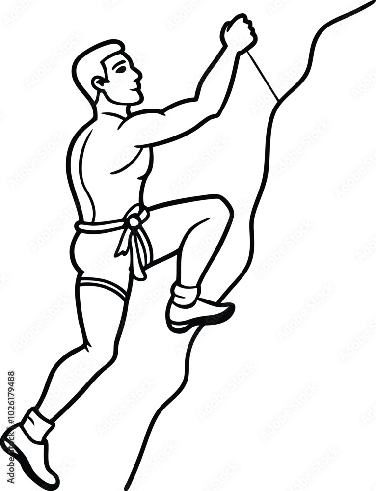 Fototapeta premium A rock man climbing line drawing climb to mountain with rope. Man person backpack nature hiking climbing lifestyle line art design. Achievement goal concept outline. Continuous line draw.