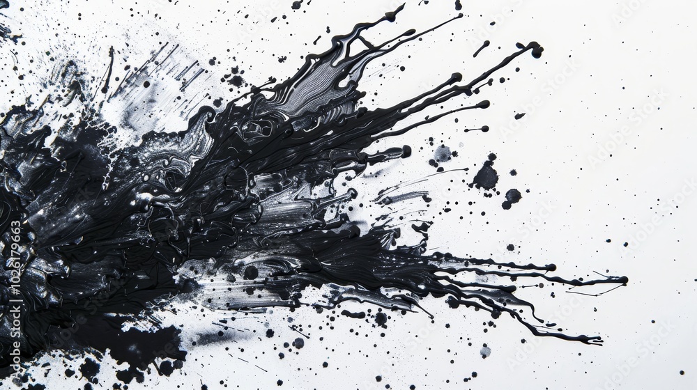 Creative black ink splatter on white background with dynamic textures and patterns Creative black ink splatter on white background with dynamic textures and patterns