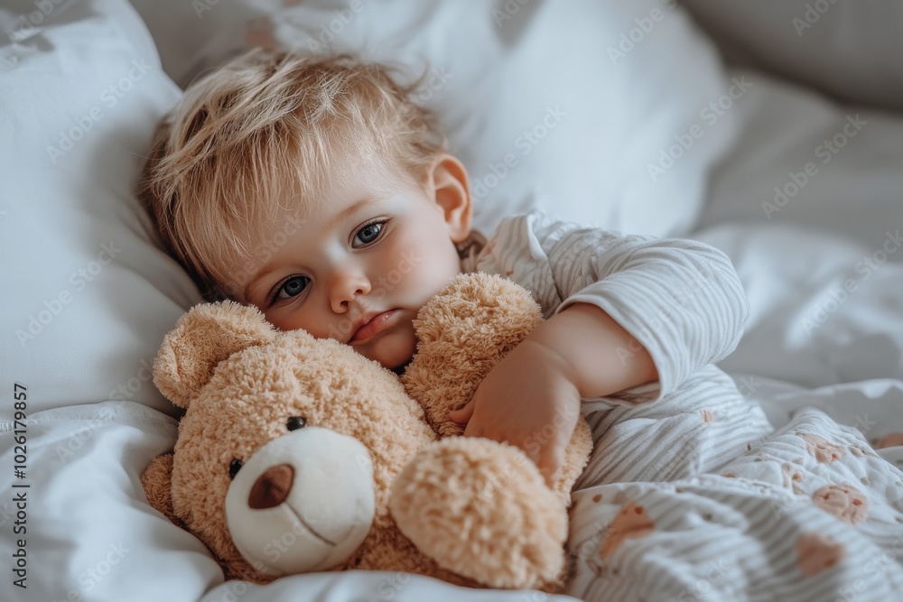 Adorable Toddler Cuddling Teddy Bear in Bed Adorable Toddler Cuddling Teddy Bear in Bed