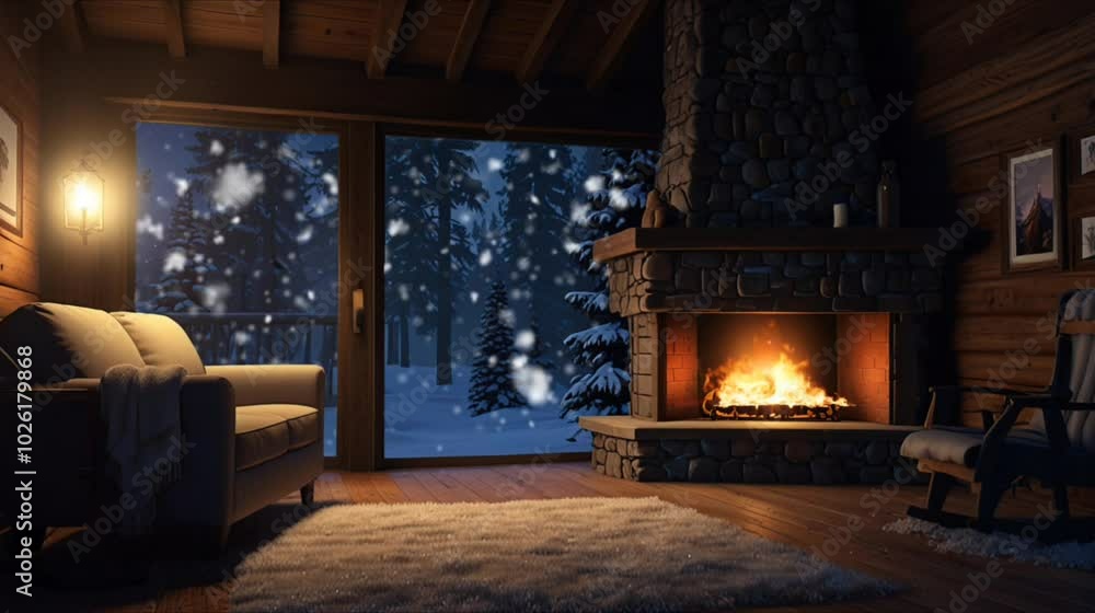 Cozy cabin living room with fireplace and snowy forest view.
Cozy cabin living room with fireplace and snowy forest view.