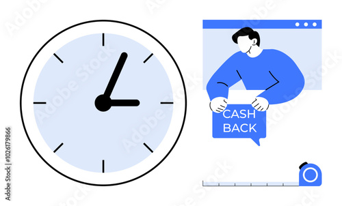 Clock and a person holding a cashback sign in a blue setting. Ideal for financial services, promotions, e-commerce, marketing campaigns, and time-sensitive offers. Simple vector style