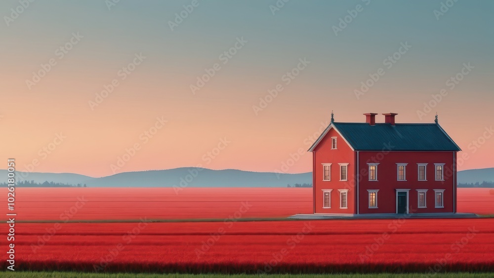 A solitary red house amidst vibrant red fields under a serene sky at dusk. A solitary red house amidst vibrant red fields under a serene sky at dusk.