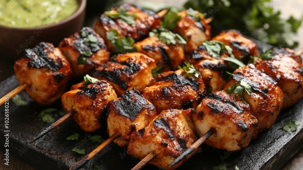 Grilled chicken skewers with green sauce and cilantro garnish on wooden cutting board. Grilled chicken skewers with green sauce and cilantro garnish on wooden cutting board.