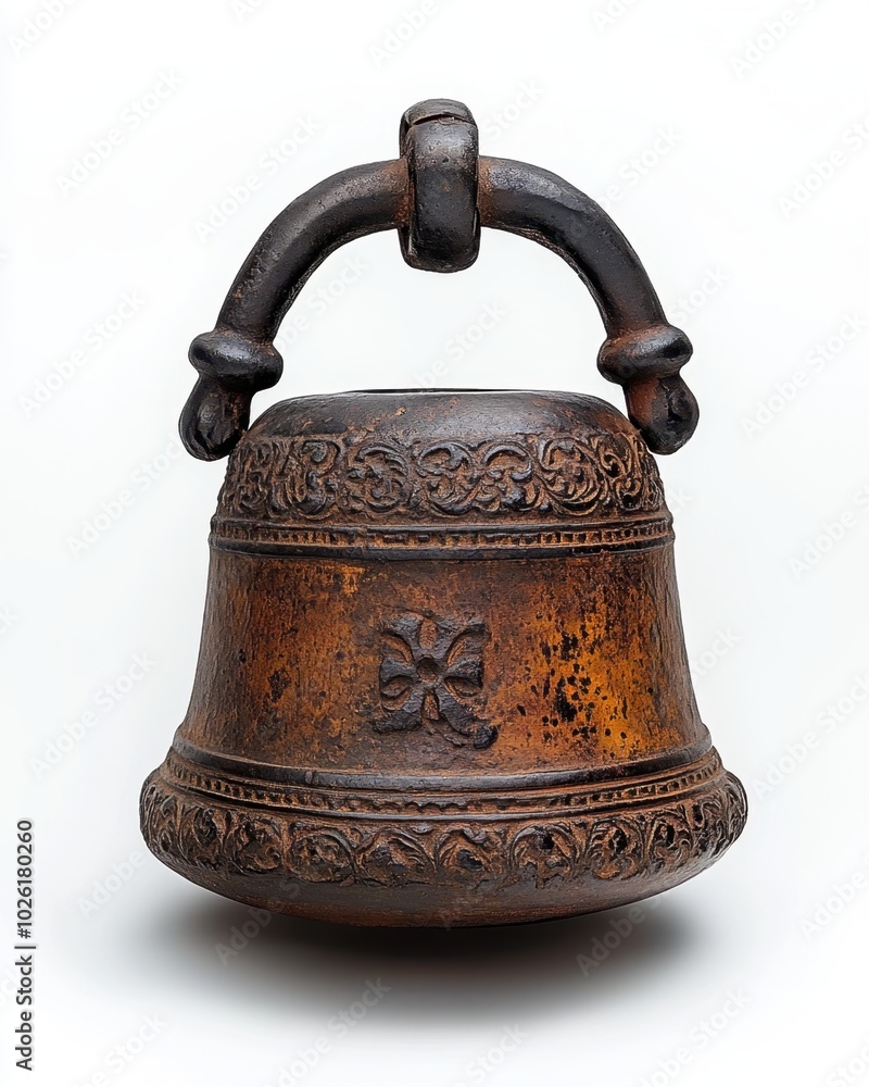 A ship’s bell with intricate carvings isolated on white background. A ship’s bell with intricate carvings isolated on white background.