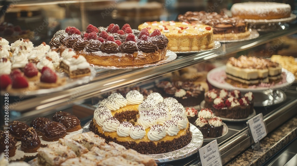 A beautifully arranged bakery display case filled with an assortment of freshly baked pastries, cakes, and cookies. A beautifully arranged bakery display case filled with an assortment of freshly baked pastries, cakes, and cookies.