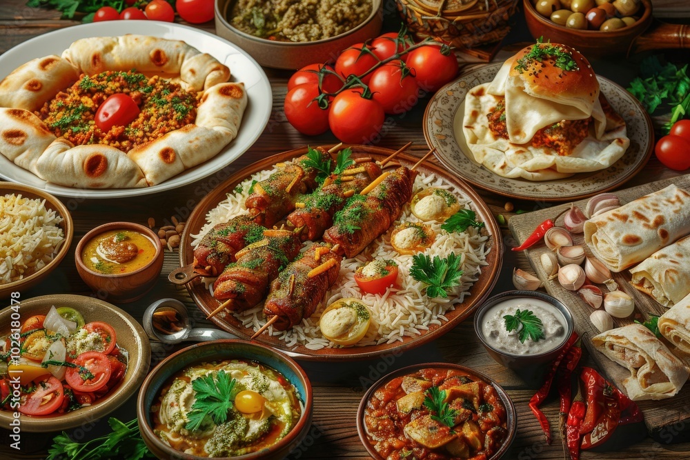 A table full of food with a variety of dishes including meat, rice, generative ai image A table full of food with a variety of dishes including meat, rice, generative ai image
