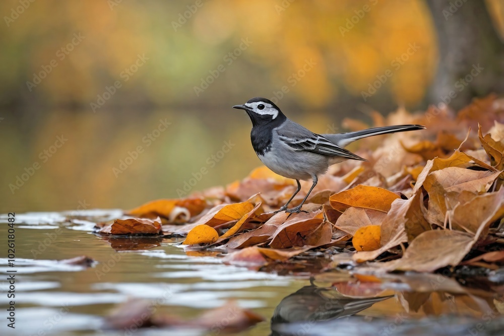 Wagtail Bird Among Autumn Leaves by a Lake Wagtail Bird Among Autumn Leaves by a Lake
