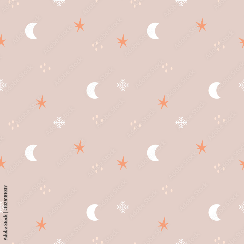 New Year winter Christmas pattern with moon snowflakes and stars on brown beige background. New Year winter Christmas pattern with moon snowflakes and stars on brown beige background.