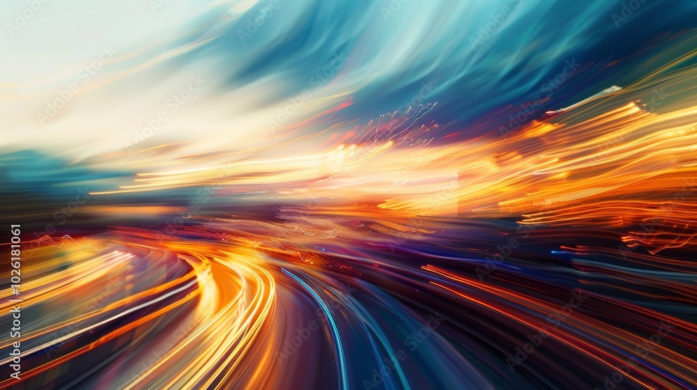 Dynamic motion blur of a sunset over a road capturing vibrant colors and swirling clouds in the evening sky Dynamic motion blur of a sunset over a road capturing vibrant colors and swirling clouds in the evening sky