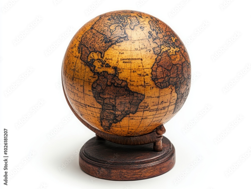 A small carved wooden globe showing early continents isolated on white background. A small carved wooden globe showing early continents isolated on white background.