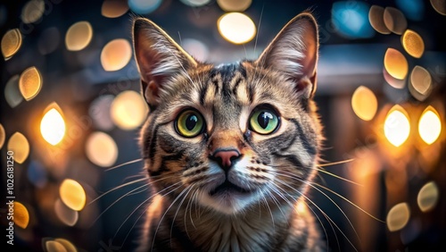 A startled cat captured at night showcases an array of humorous expressions, blending surprise and curiosity, perfect for delighting pet photography enthusiasts. photo