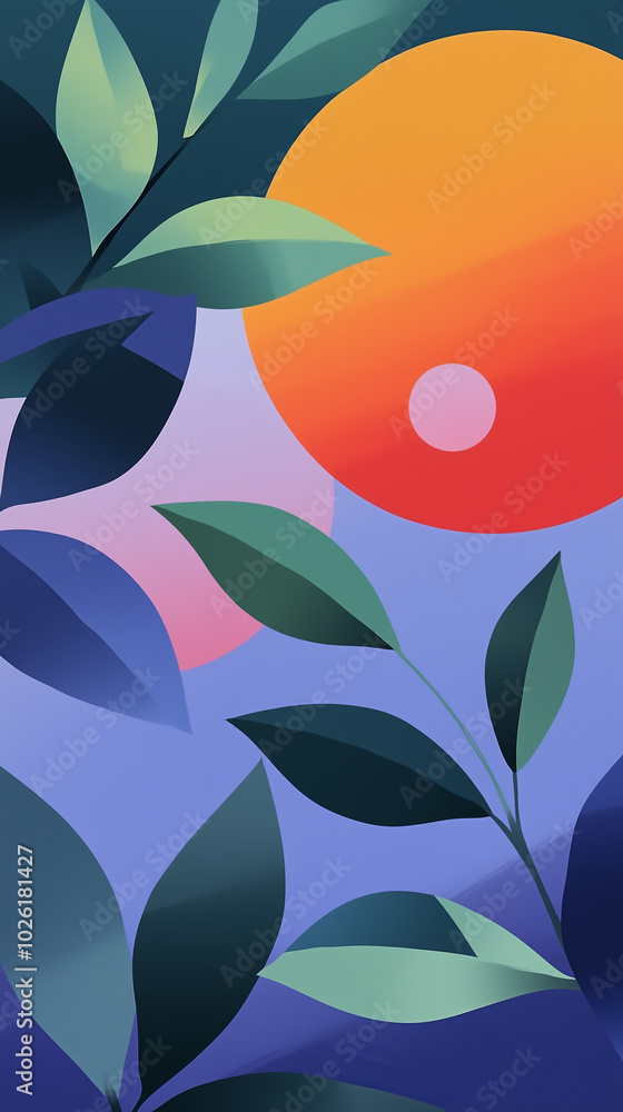 Abstract landscape with colorful leaves and sunset in background. Abstract landscape with colorful leaves and sunset in background.