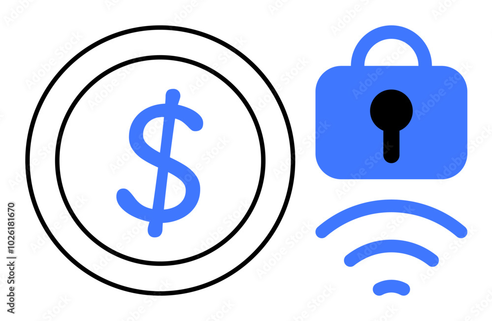 Black dollar sign inside a circle alongside a blue lock with a wireless symbol. Ideal for finance, cyber security, banking, technology, online transactions. Simplistic vector style Black dollar sign inside a circle alongside a blue lock with a wireless symbol. Ideal for finance, cyber security, banking, technology, online transactions. Simplistic vector style