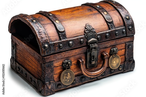 A treasure chest partially open with old coins isolated on white background.  photo