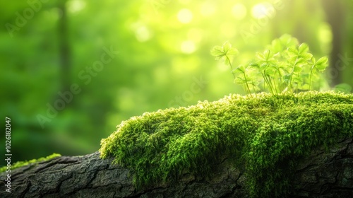 Soft, vibrant green moss covering the surface of an ancient tree trunk, illuminated by gentle sunlight filtering through the forest canopy Close-up photo with clean background