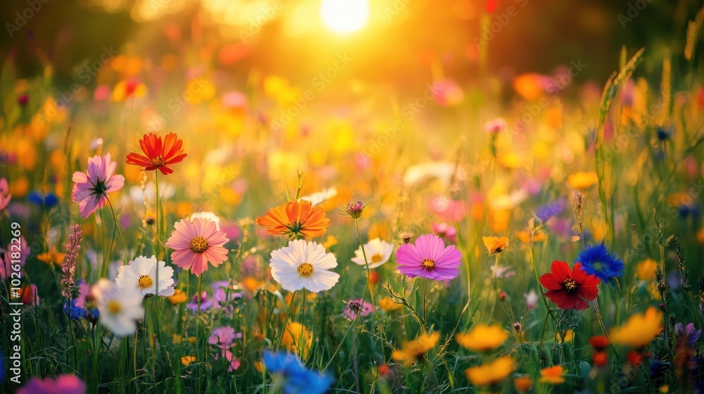 Sunset field with wildflowers - Highlighting a field covered in blooming wildflowers at sunset, where the vibrant colors of the flowers are enhanced by the warm glow of the setting sun, Sunset field with wildflowers - Highlighting a field covered in blooming wildflowers at sunset, where the vibrant colors of the flowers are enhanced by the warm glow of the setting sun,