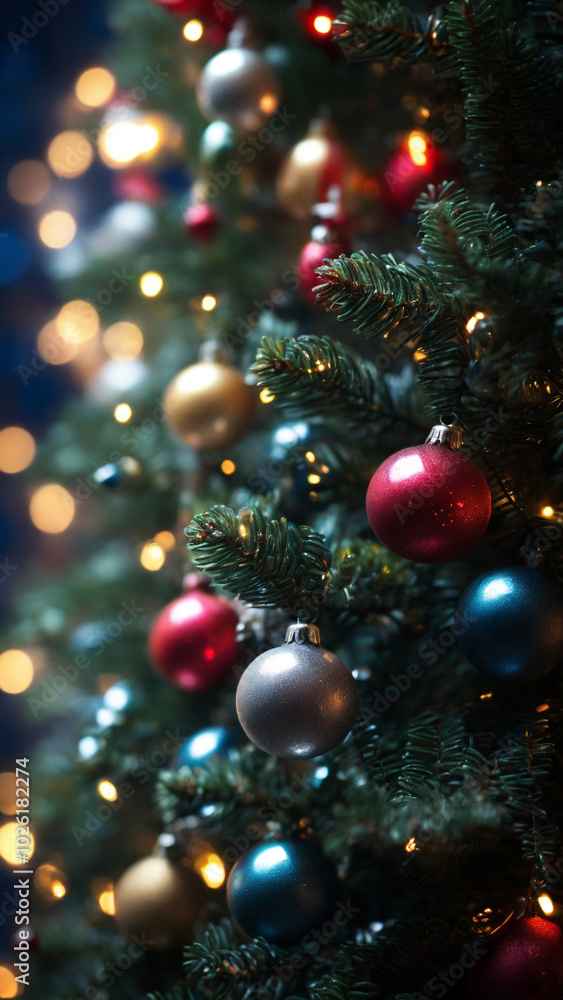 Macro View of Festive Christmas Tree Branches with Holiday Decorations. Macro View of Festive Christmas Tree Branches with Holiday Decorations.
