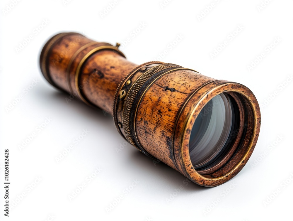 A wooden spyglass with brass detailing isolated on white background. A wooden spyglass with brass detailing isolated on white background.