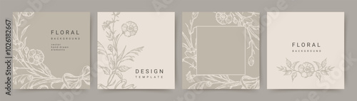  Floral elegant Background Set with hand drawn vintage flower pattern in neutral beige color. Vector design templates for wedding invitation, card, poster, business card, social media, banner, label