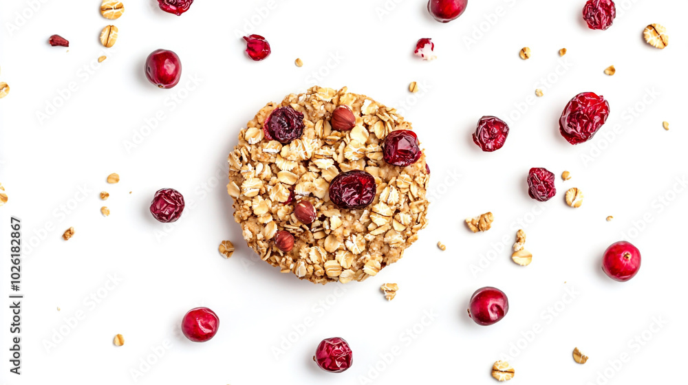 Nutritious oat and cranberry snack placed on a clean white surface with scattered berries Nutritious oat and cranberry snack placed on a clean white surface with scattered berries
