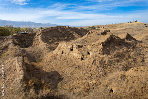 Ancient Penjikent ruins aerial panoramic view, Tajikistan photo