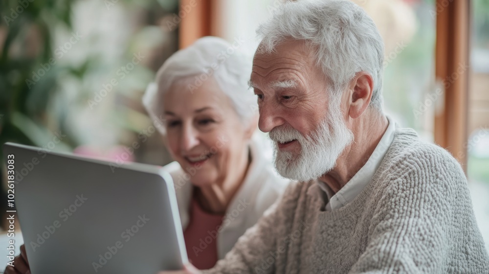 Elderly couple learning to use computer, bright day, clean background, Elderly couple learning to use computer, bright day, clean background,