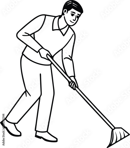 Man sweeping one continuous single drawing line art vector flat doodle man, cleaner, janitor, worker, clean, work, male, professional, sweeping. Linear style sign for mobile concept and web design.