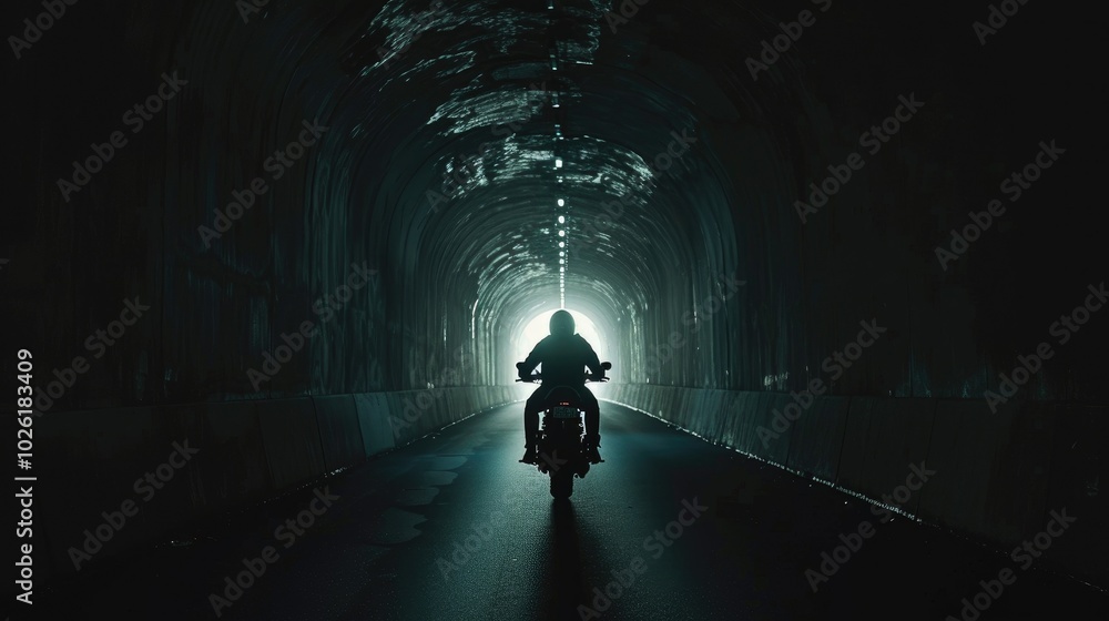 Man on Motorcycle Heading Toward Light Beyond Dark Tunnel Man on Motorcycle Heading Toward Light Beyond Dark Tunnel