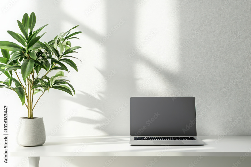 Minimalist workspace with a laptop and a potted plant on a white desk, bright natural light casting shadows Minimalist workspace with a laptop and a potted plant on a white desk, bright natural light casting shadows