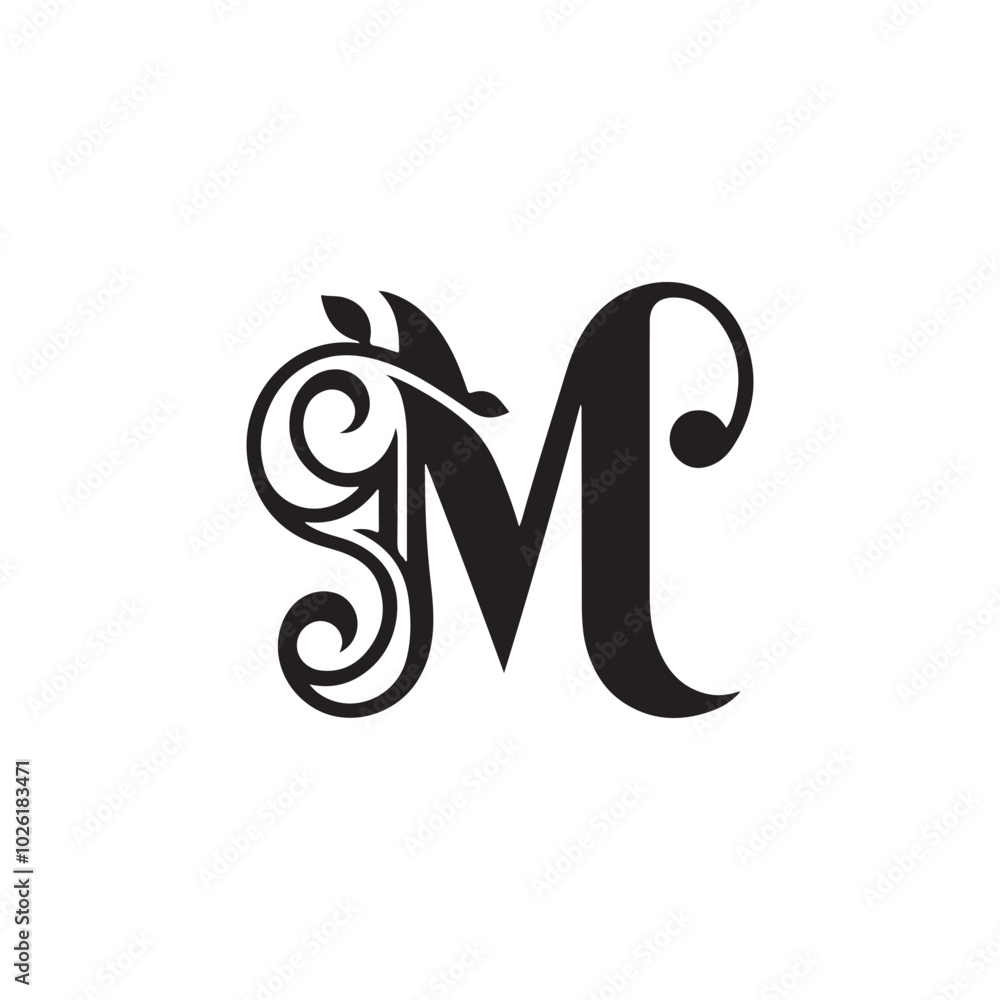 stylish and curved letter M silhouette logo icon template with fluid vine shape stylish and curved letter M silhouette logo icon template with fluid vine shape