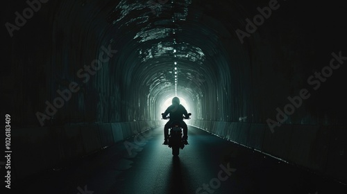 Man on Motorcycle Heading Toward Light Beyond Dark Tunnel