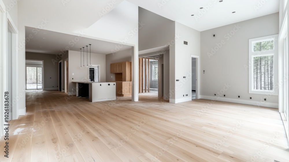 Spacious and modern open-plan interior of an unfinished house with light wood flooring, beige walls, and high ceilings. Kitchen area with wooden cabinets and pendant lights. Spacious and modern open-plan interior of an unfinished house with light wood flooring, beige walls, and high ceilings. Kitchen area with wooden cabinets and pendant lights.