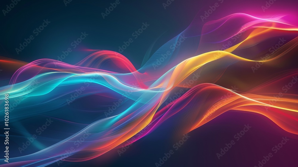 Colorful light waves flowing gracefully in a dark background at an abstract art exhibition event Colorful light waves flowing gracefully in a dark background at an abstract art exhibition event