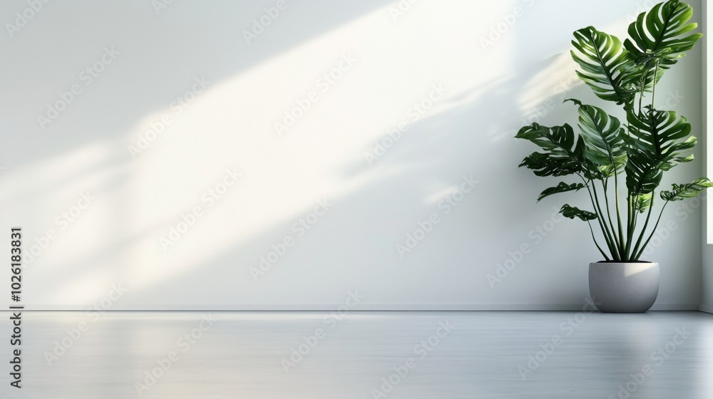 Minimalist interior with a large potted plant casting shadows on a white wall, featuring natural light from a window. Minimalist interior with a large potted plant casting shadows on a white wall, featuring natural light from a window.