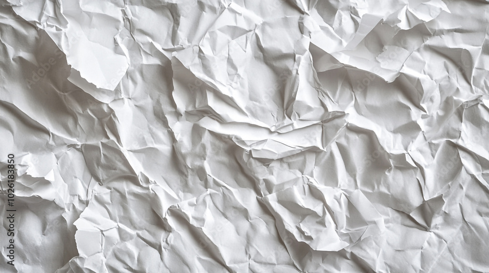 Obraz premium Crumpled white paper texture with intricate folds and shadows in natural light