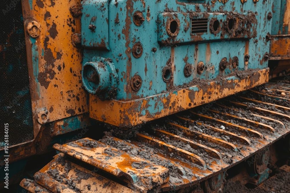 Close-up of a Rusty and Mud-Covered Crawler Track Close-up of a Rusty and Mud-Covered Crawler Track