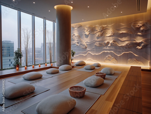 A room with a lot of pillows and a wall with a painting of mountains. The mood of the room is calm and peaceful